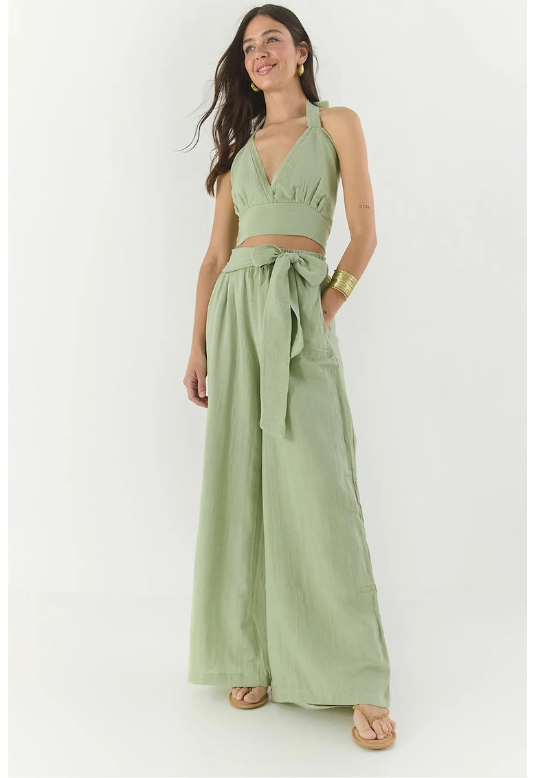 Set doua piese - din bumbac texturat - guler halter - verde -