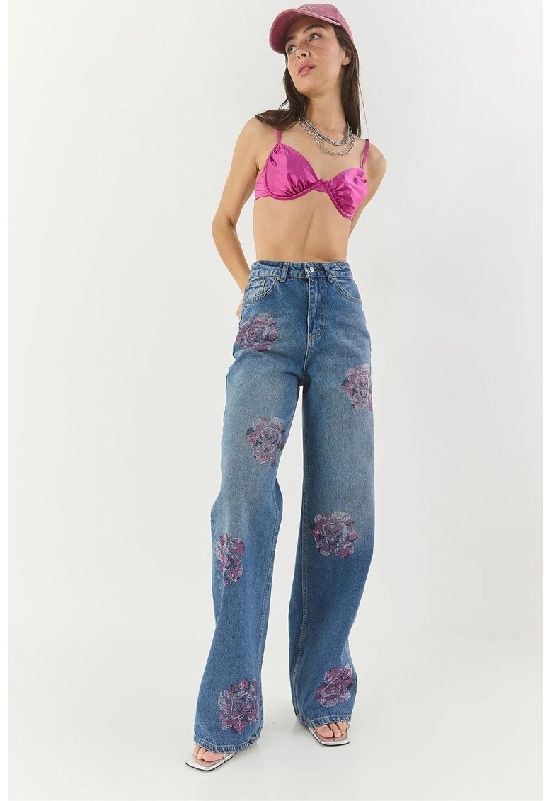 Blugi dama denim - talie inalta - imprimeu floral - albastri - bumbac