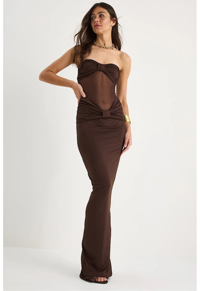 Rochie maxi  fara bretele cu volane - maro - poliester-elastan