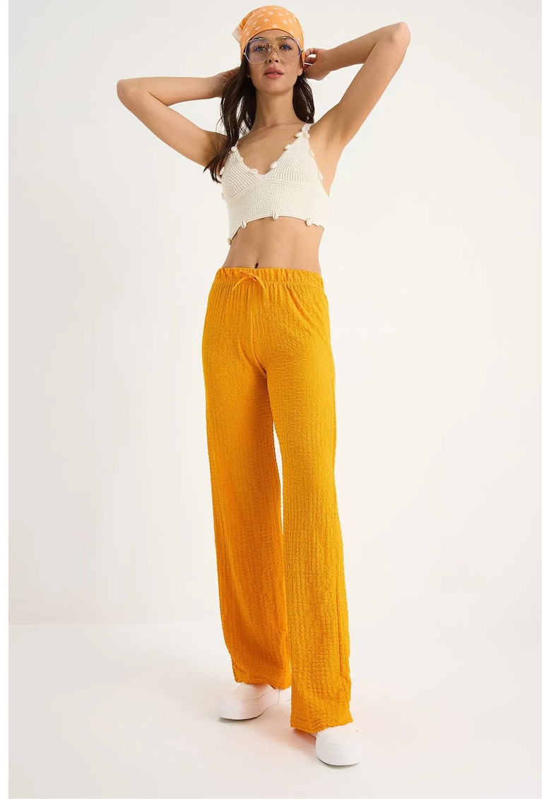 Pantaloni dama - HiCCUP - texturati - picior larg - galben - poliester-lycra