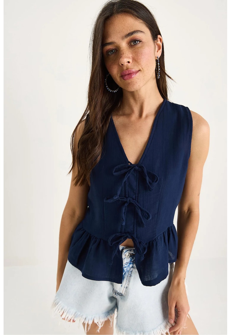 Bluza dama - din crep cu decolteu in V si papion - albastru - textil