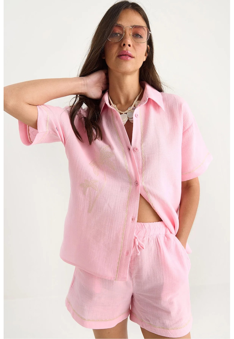 Set doua piese - bumbac brodat - guler camasa - roz
