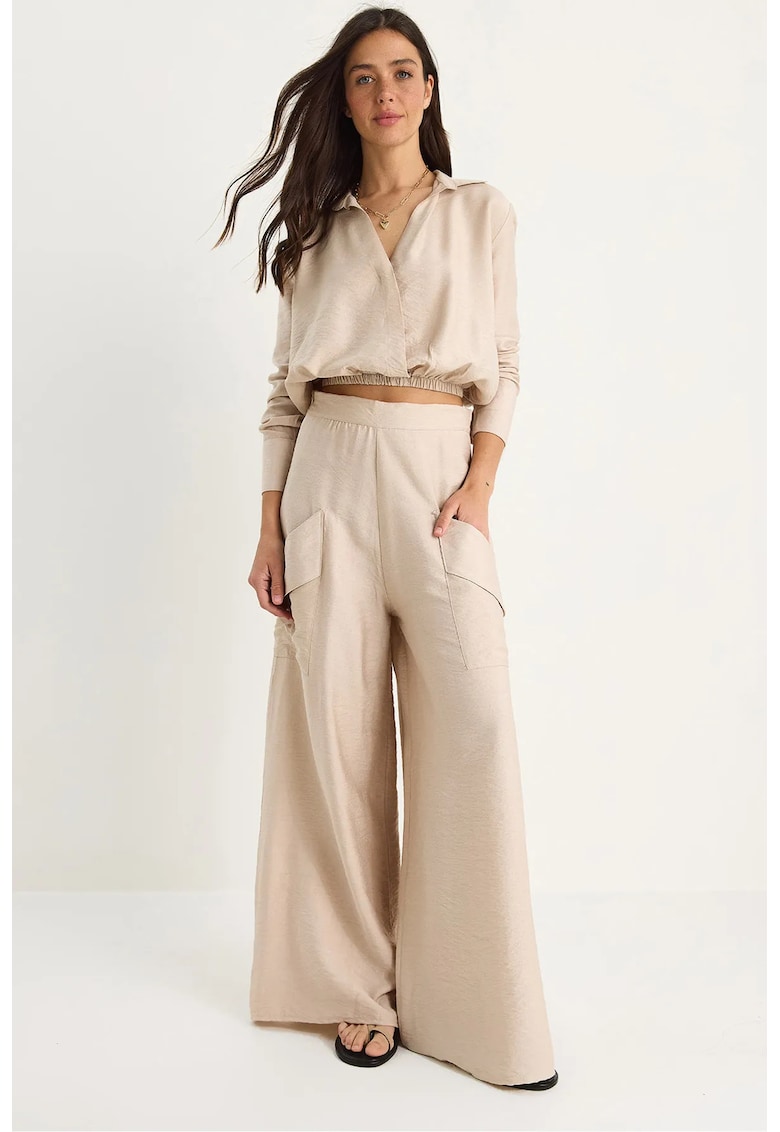 Set două piese HiCCUP - hanorac scurt și pantaloni largi bej - Bej Natural