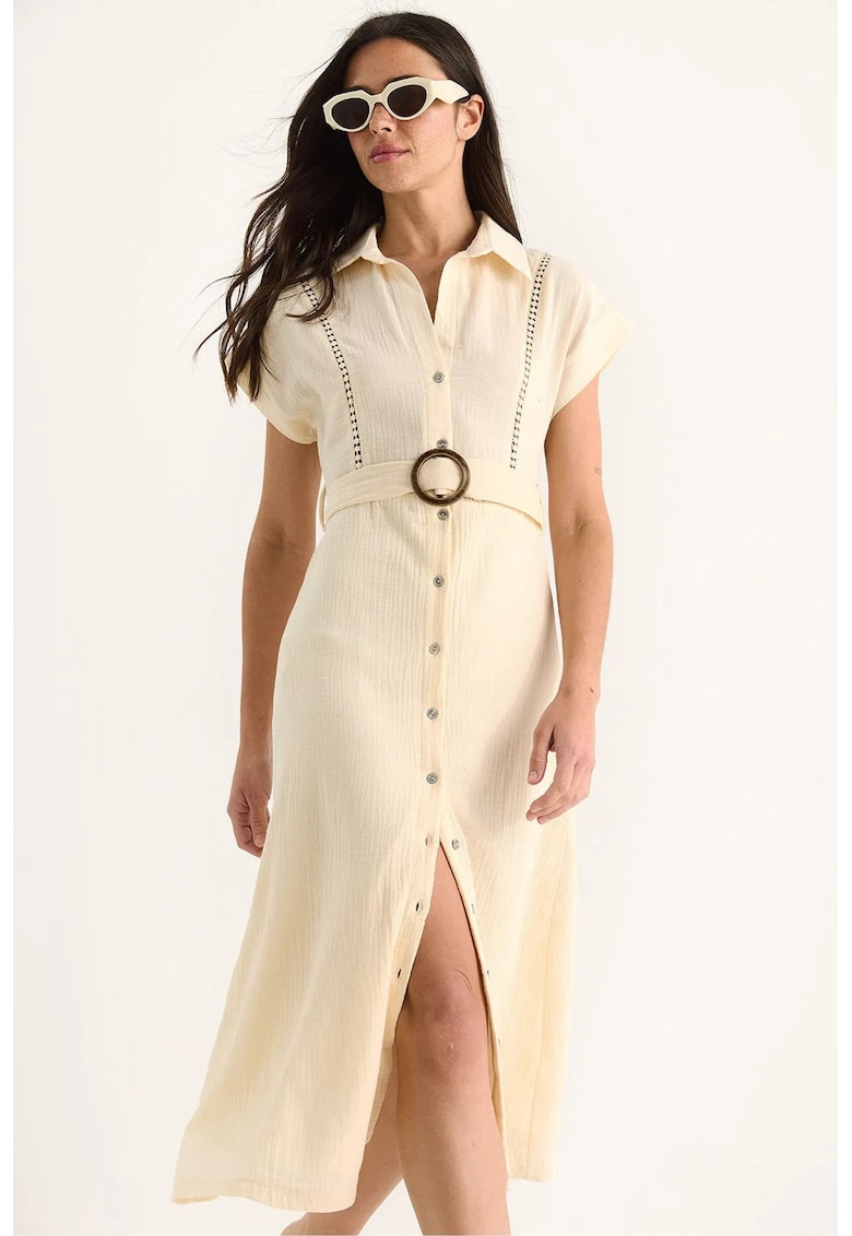 Rochie midi - bumbac texturat - guler camasa - galben