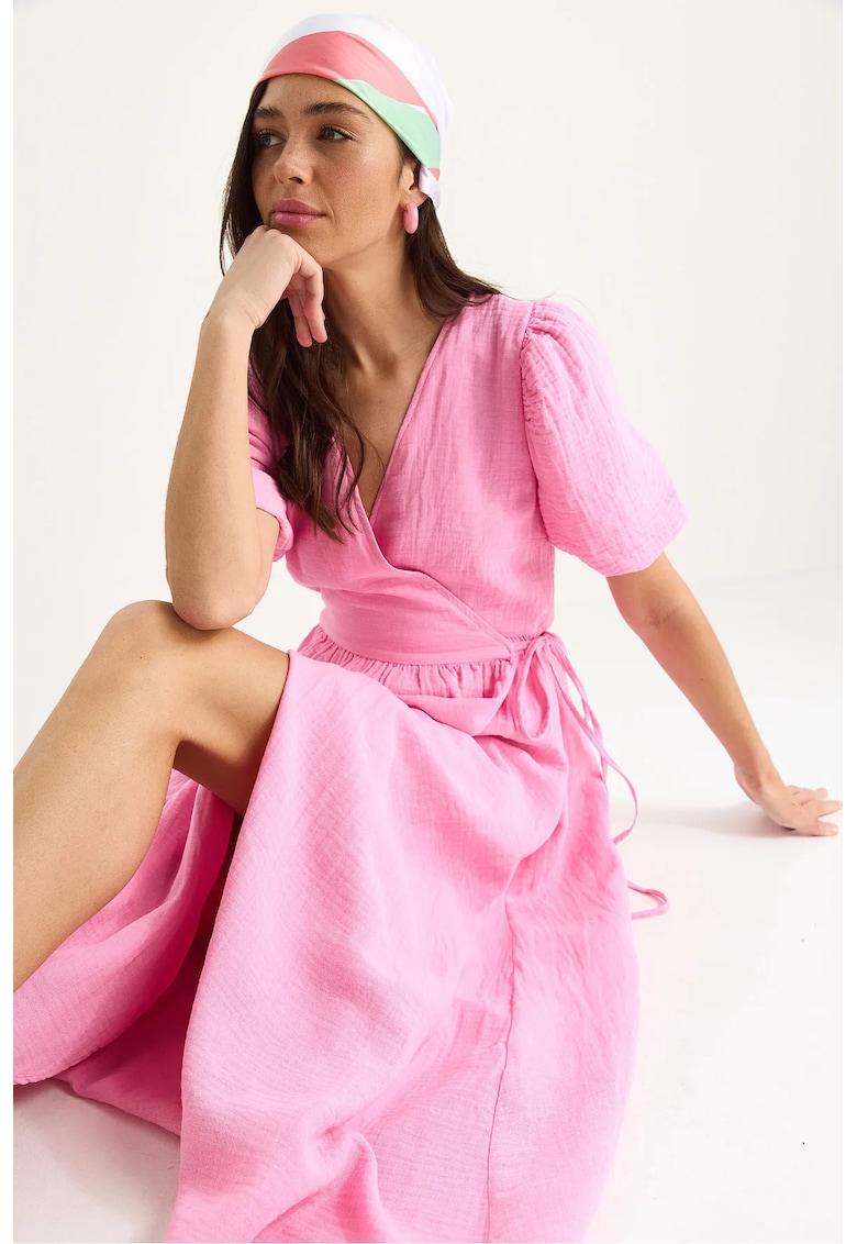 Rochie midi dama - bumbac - decolteu in V - roz