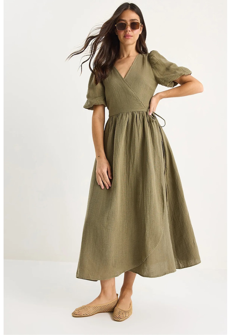 Rochie midi dama - bumbac - decolteu in V - verde Rochie midi dama - bumbac - decolteu in V - verde