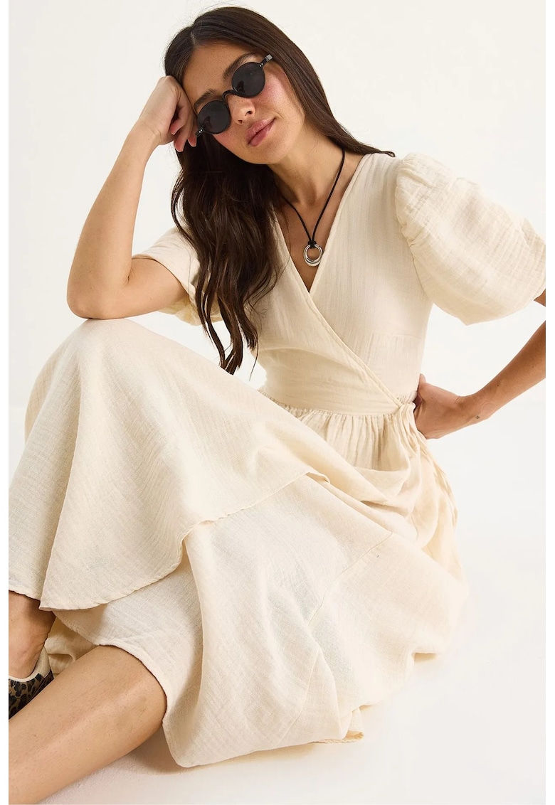 Rochie midi - decolteu in V - bej
