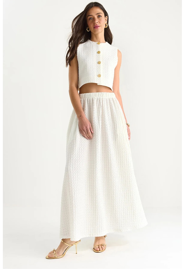 Set lung texturat din doua piese -  vesta si fusta - alb - poliester-lycra