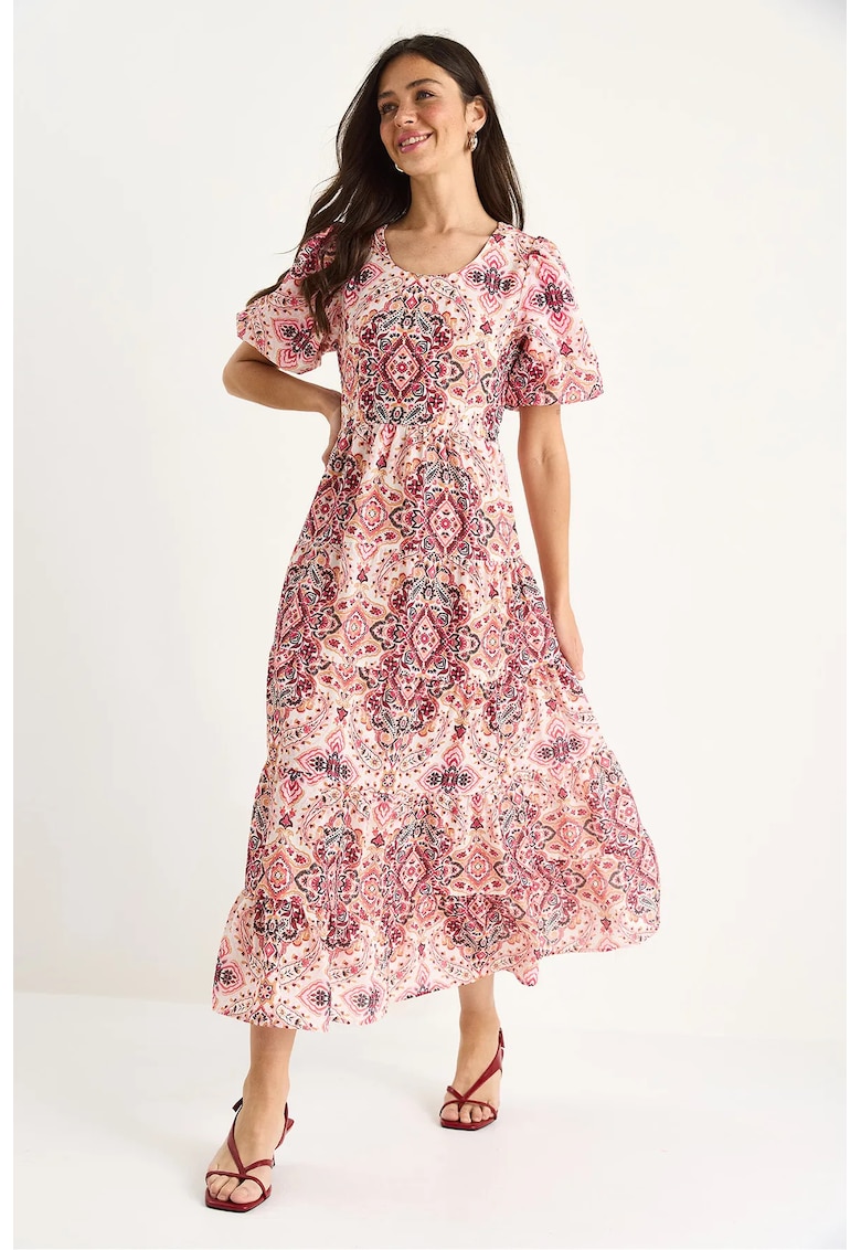 Rochie maxi -  model texturat - guler rotund - roz - poliester