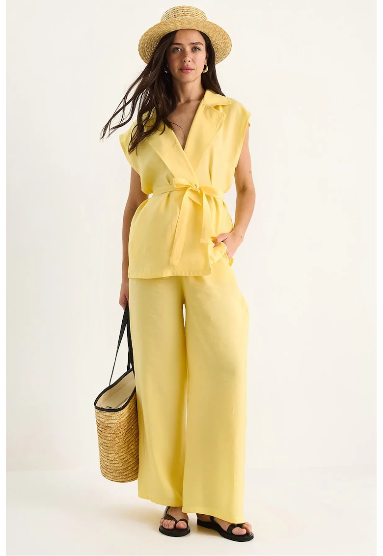 Set doua piese - vesta cu maneca lunga si pantaloni largi - galben - viscoza si nylon