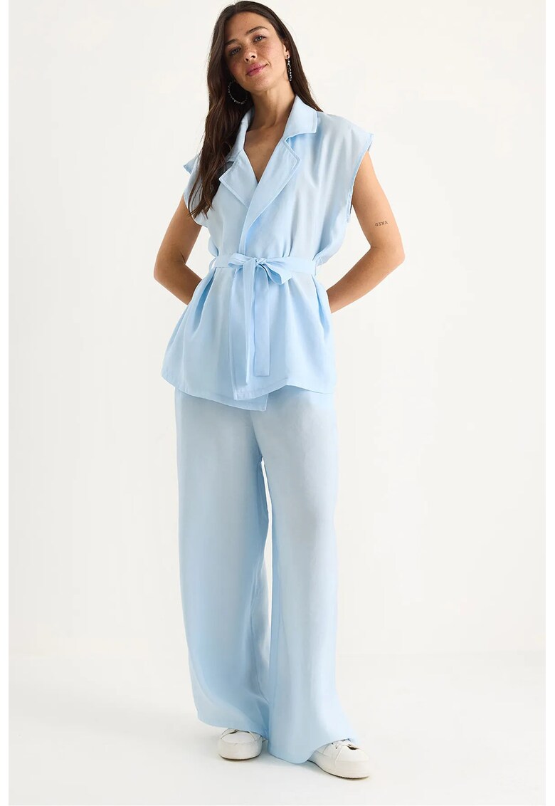 Set doua piese - vesta cu maneca lunga si pantaloni largi - albastru - viscoza/nylon