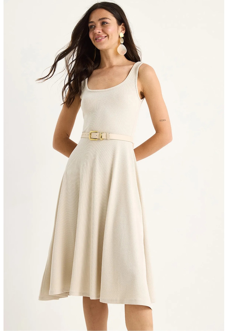Rochie midi - HiCCUP - texturata cu curea - bej - poliester