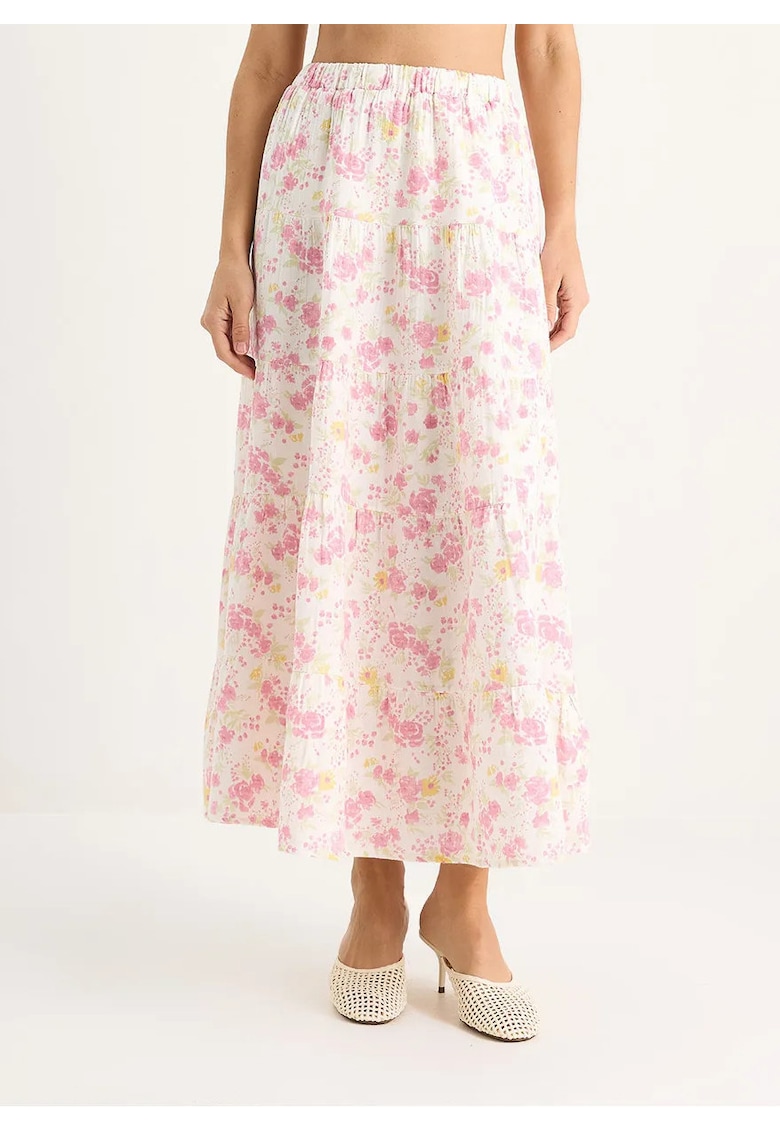 Fusta maxi - imprimeu floral - roz/alb - bumbac