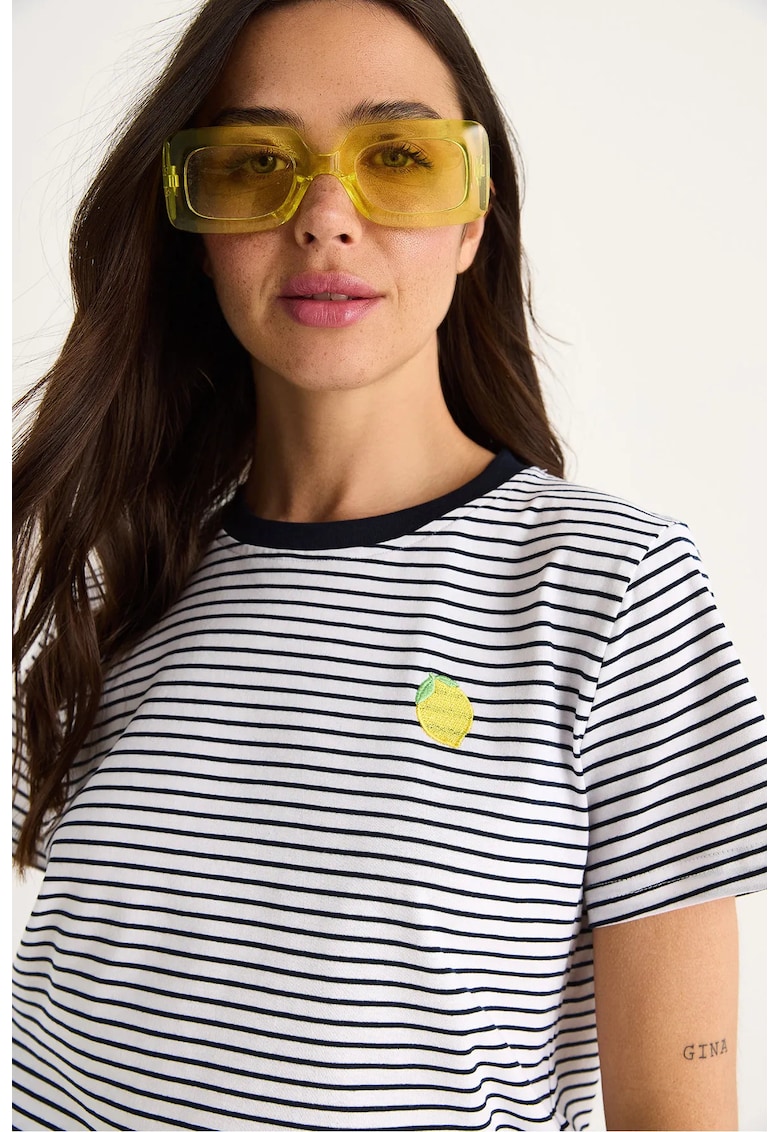 Tricou dama din bumbac cu dungi si broderie - maneca scurta