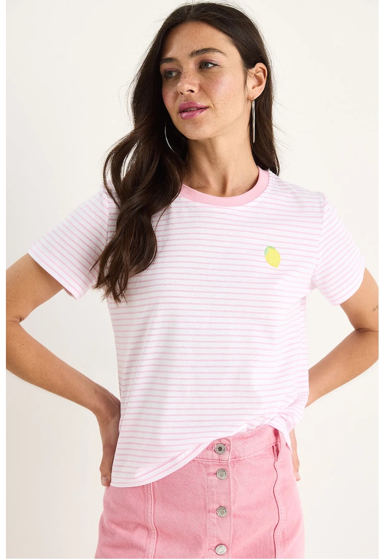 Tricou dama - din bumbac - maneca scurta - roz cu dungi -