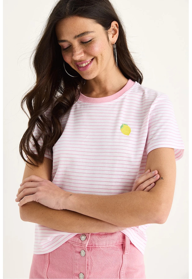 Tricou dama  din bumbac cu dungi si broderie - roz - maneca scurta -