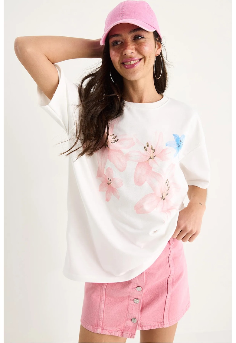 Tricou dama supradimensionat - imprimeu floral - alb - bumbac