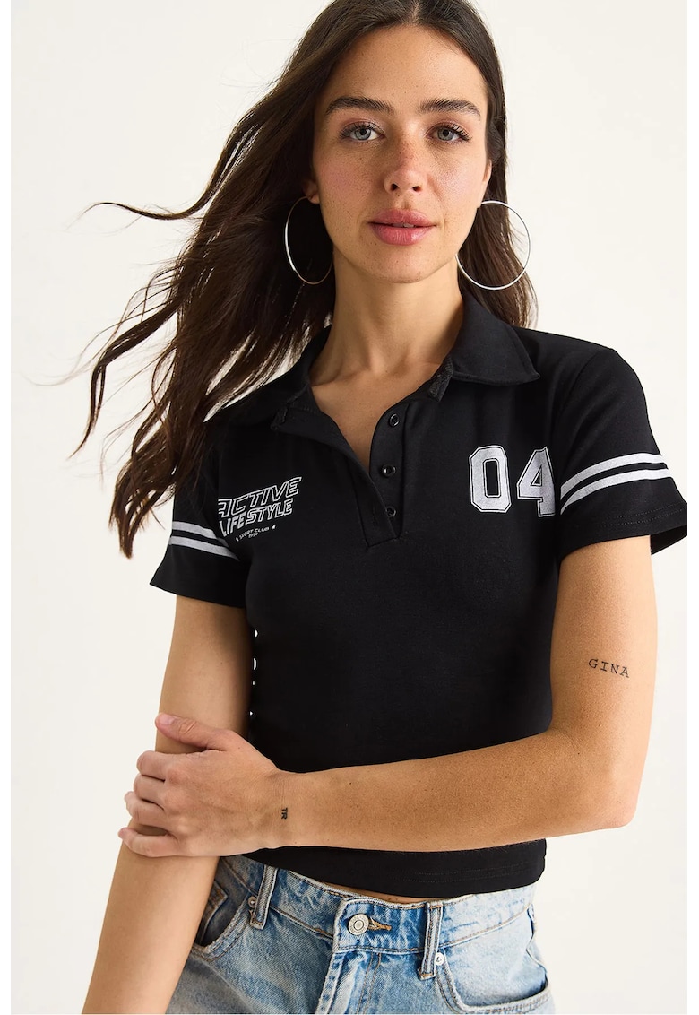 Tricou scurt - guler polo - imprimeu - negru - viscoza/ lycra