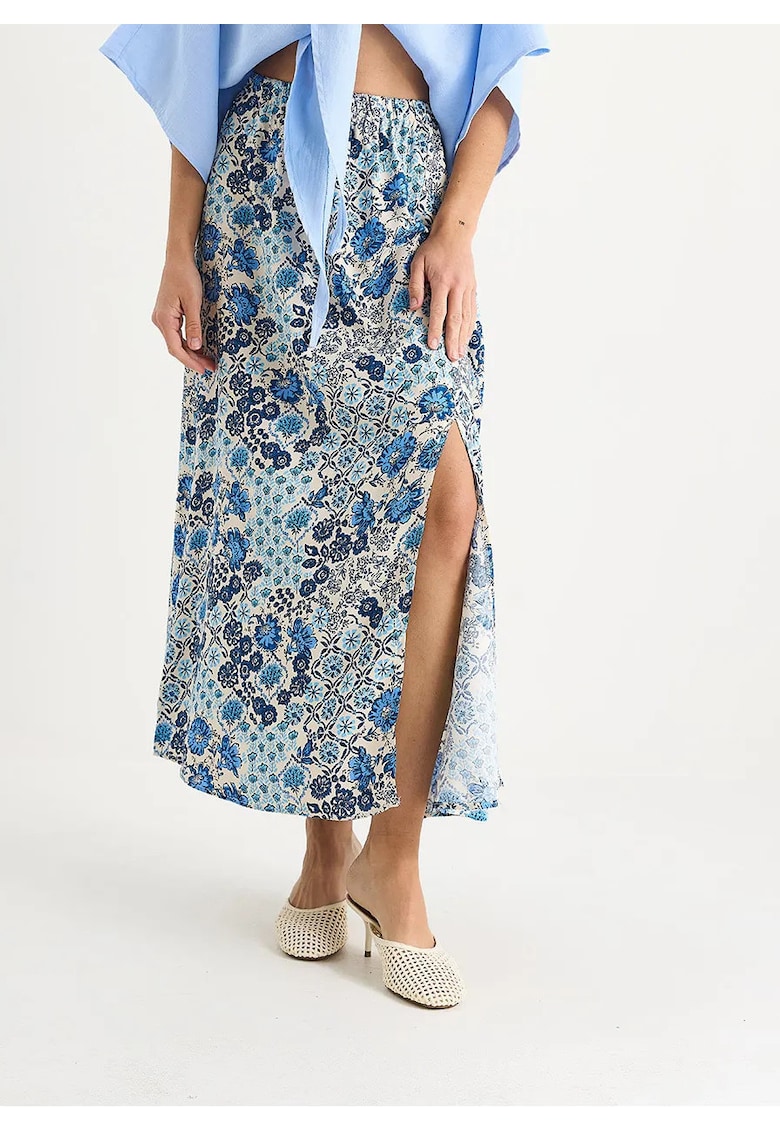 Fusta maxi cu model floral - crapatura - albastru - bumbac-elastan