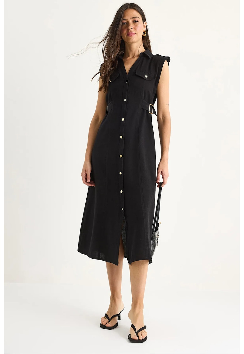 Rochie midi  decolteu in V - funda - negru - viscoza-bumbac