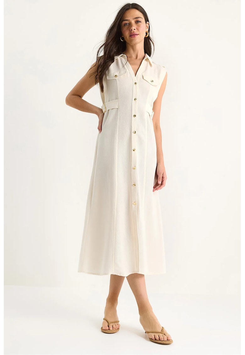 Rochie midi  decolteu in V - funda - bej - viscoza-bumbac