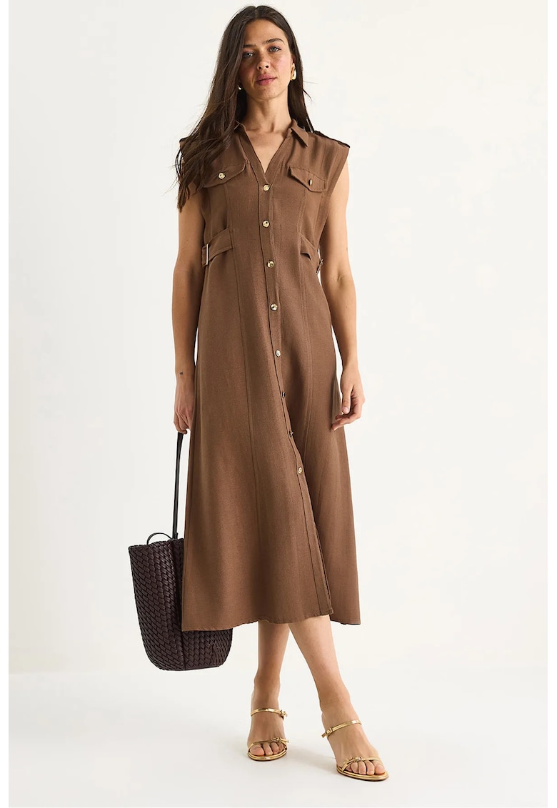 Rochie midi decolteu in V - funda - maro - viscoza-bumbac