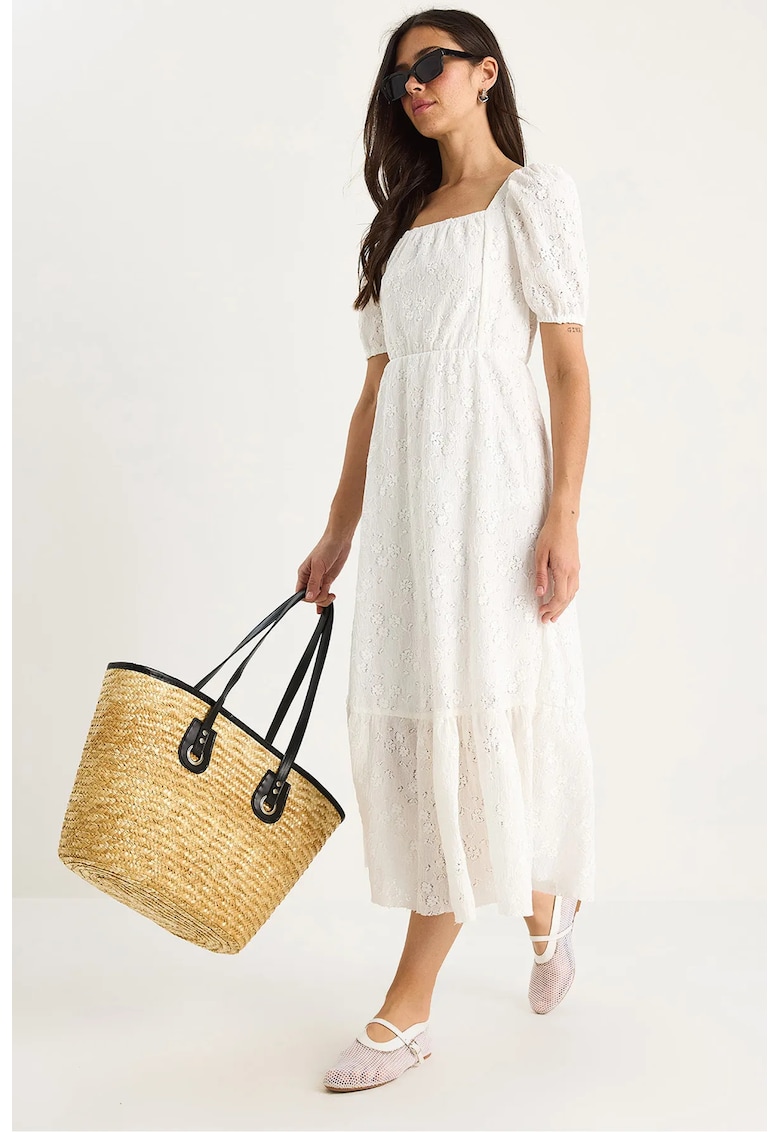 Rochie midi pentru dama -  decolteu patrat - poliester - alb