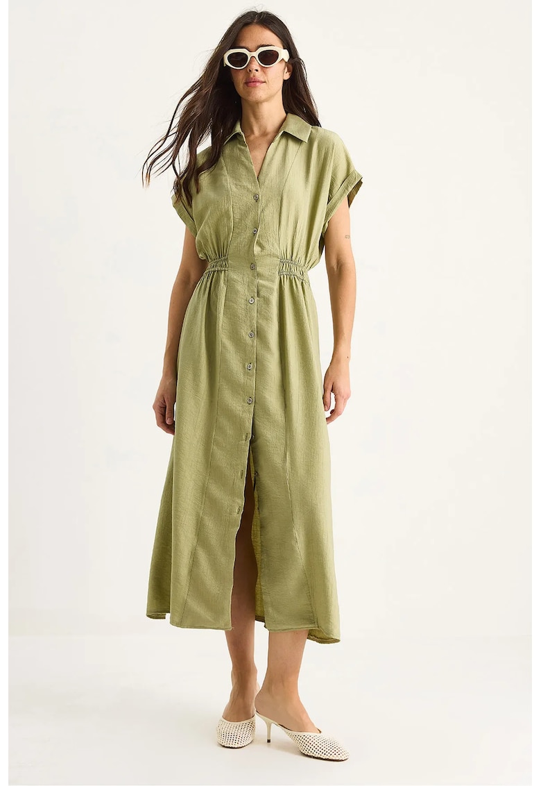 Rochie midi texturata - decolteu in V - inchidere cu nasturi - verde - textil