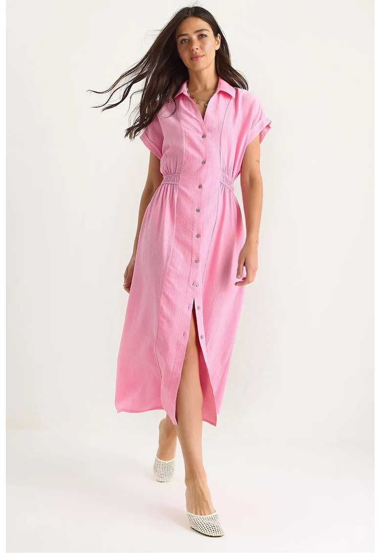 Rochie midi - HiCCUP - texturata - decolteu in V - roz - textil