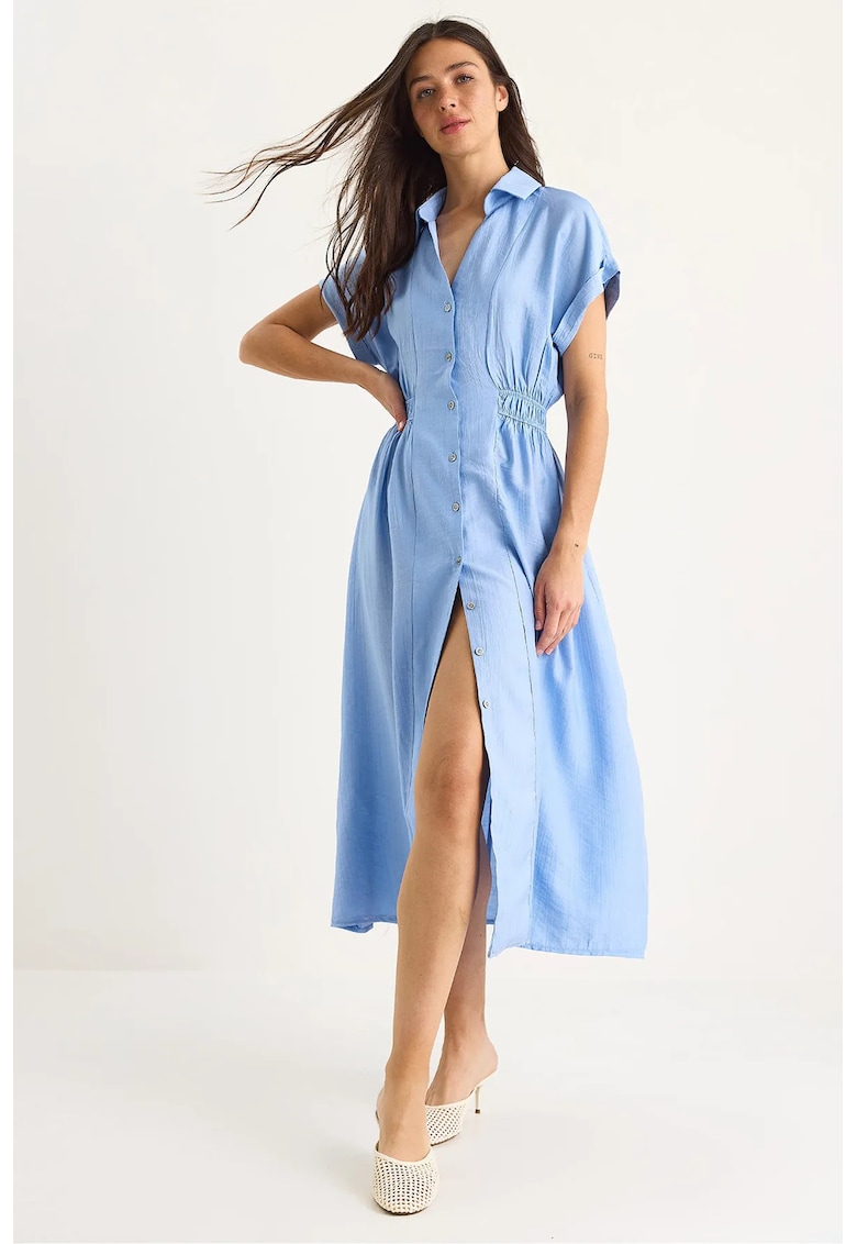 Rochie midi - HiCCUP - texturata - decolteu in V - albastra - textil