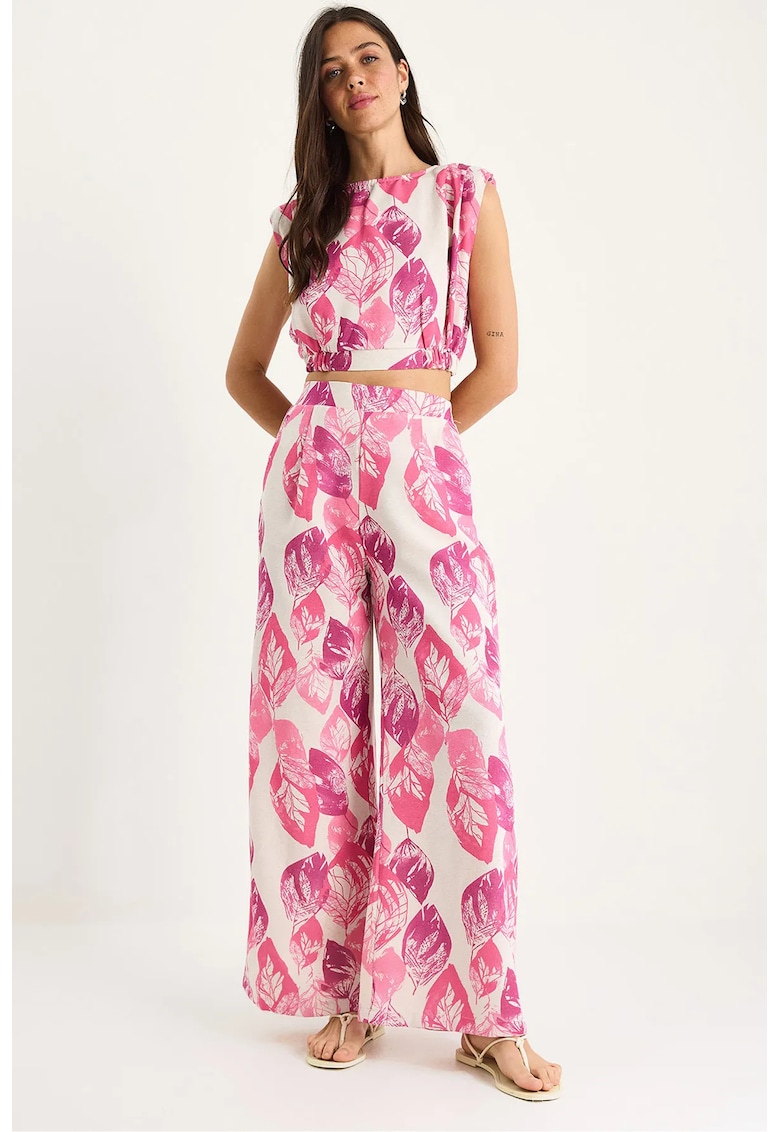 Set doua piese - top scurt cu imprimeu floral - pantaloni largi - roz - poliester