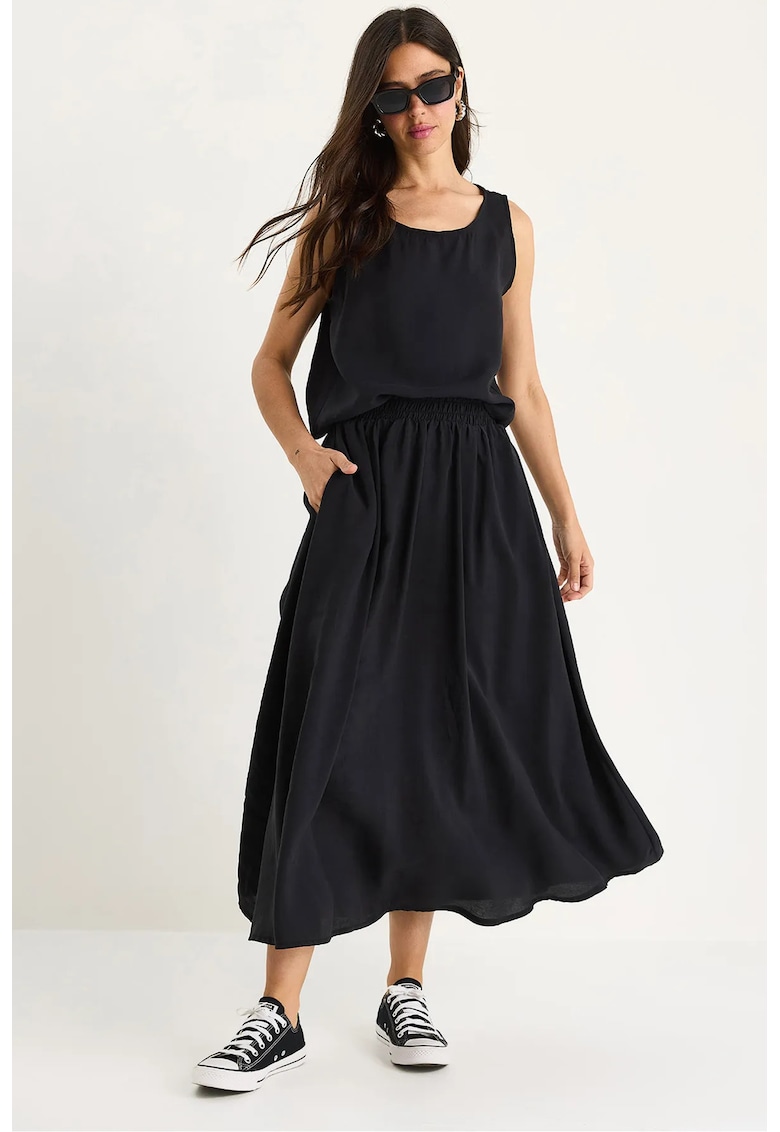 Set doua piese -  tunica lunga fara maneci - pantaloni largi - negru - poliester-elastan