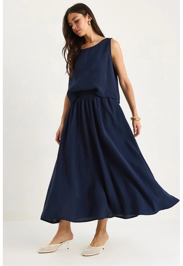 Set doua piese -  tunica lunga fara maneci - pantaloni largi - albastru - poliester si elastan