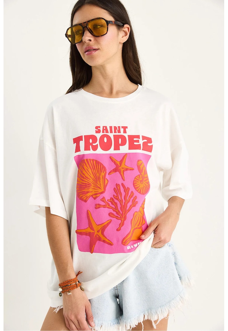 Tricou dama supradimensionat - imprimeu pe spate - alb - bumbac