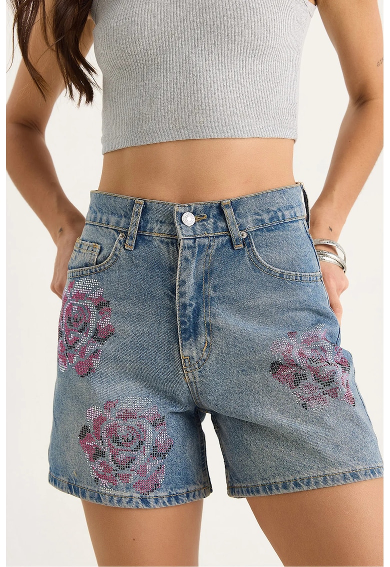 Pantaloni scurti cu talie inalta si imprimeu floral