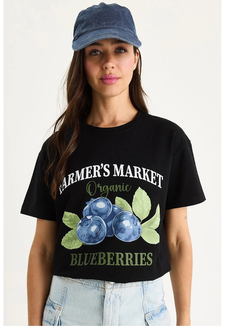 Tricou dama - cu guler rotund - imprimeu - negru - bumbac