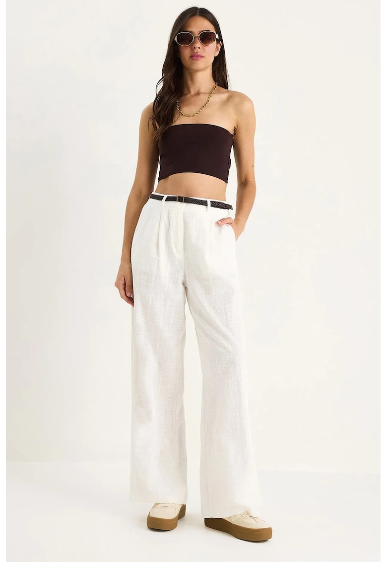 Pantaloni dama - HiCCUP - texturati - cu buzunare - alb - bumbac-elastan