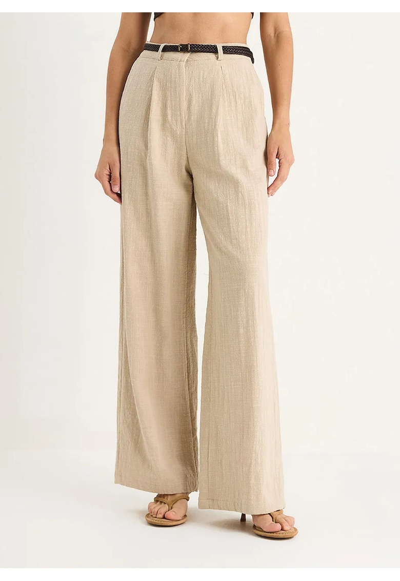 Pantaloni dama - texturati - cu buzunare - bej - bumbac-elastan