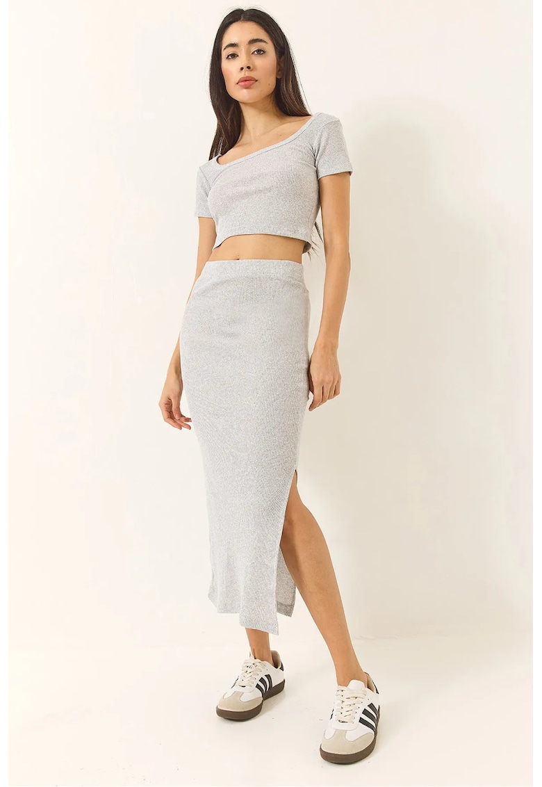 Set doua piese -  midi texturat cu nervuri - gri - bumbac