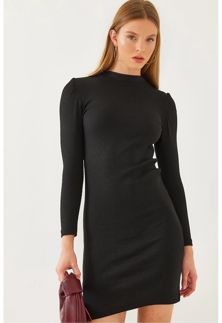 Rochie mini - HiCCUP - jerseu cu nervuri - negru - maneci lungi