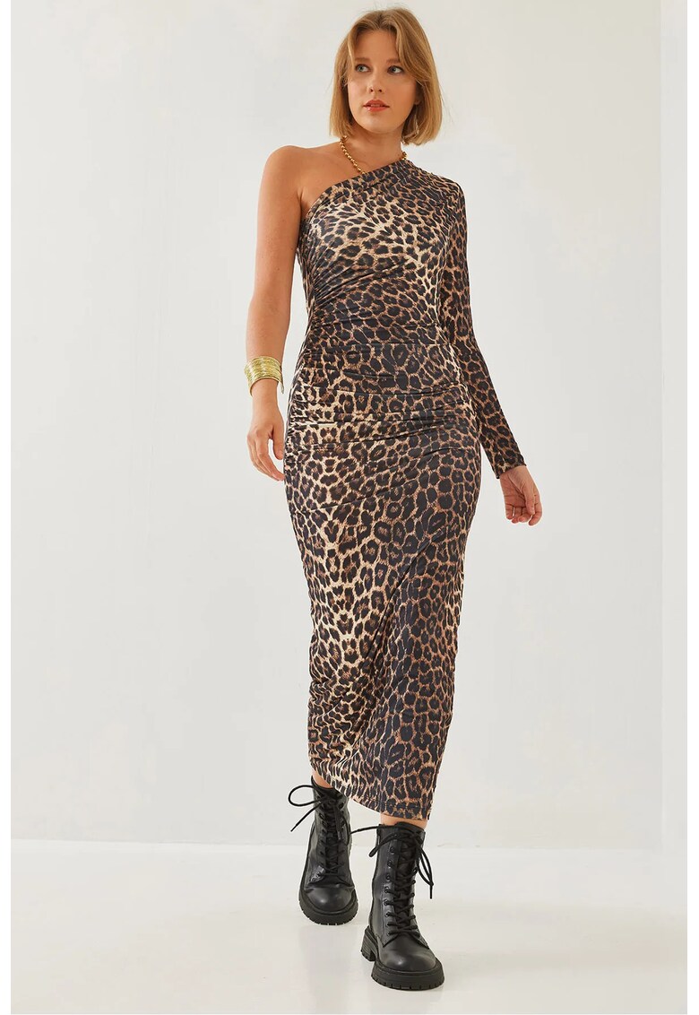 Rochie midi - imprimeu leopard - guler asimetric - maro - poliester