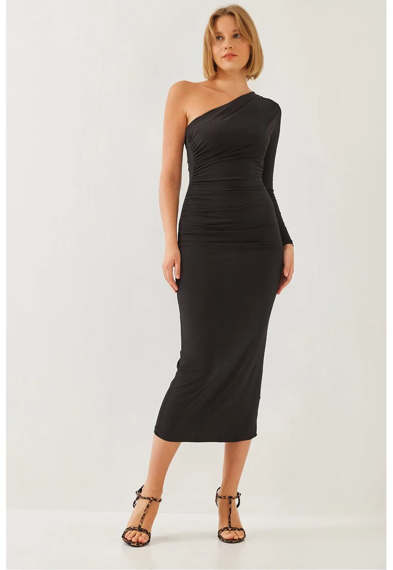 Rochie midi - HiCCUP - guler asimetric - volane - negru - poliester-lycra