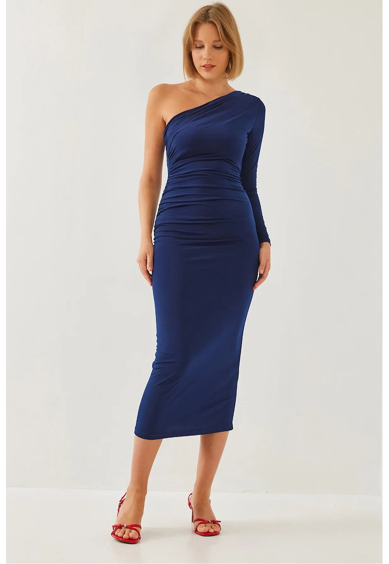 Rochie midi guler asimetric - volane - poliester-lycra