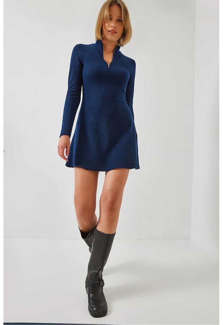 Rochie mini -  nervuri - guler cu fermoar - bleumarin - poliester-elastan