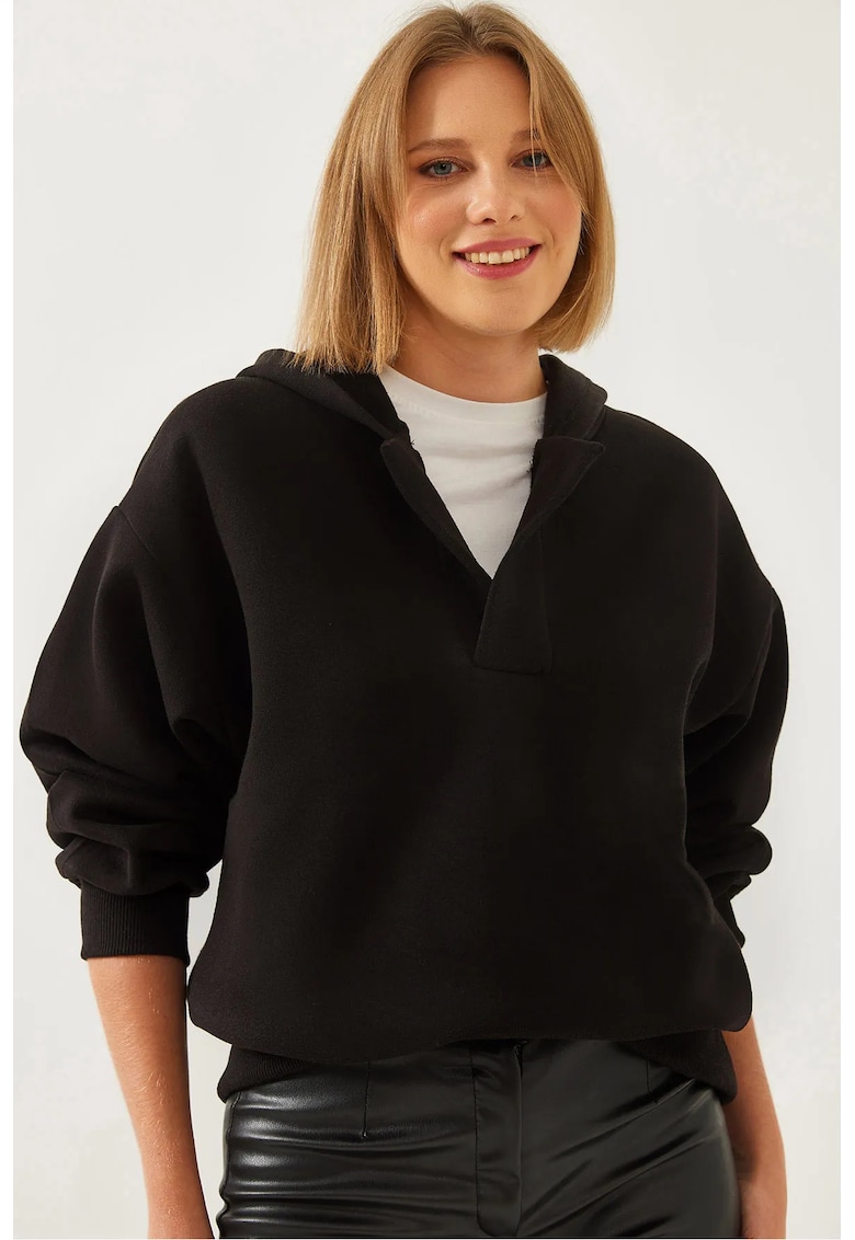 Hanorac dama  negru - poliester-bumbac - cu gluga si maneca lunga
