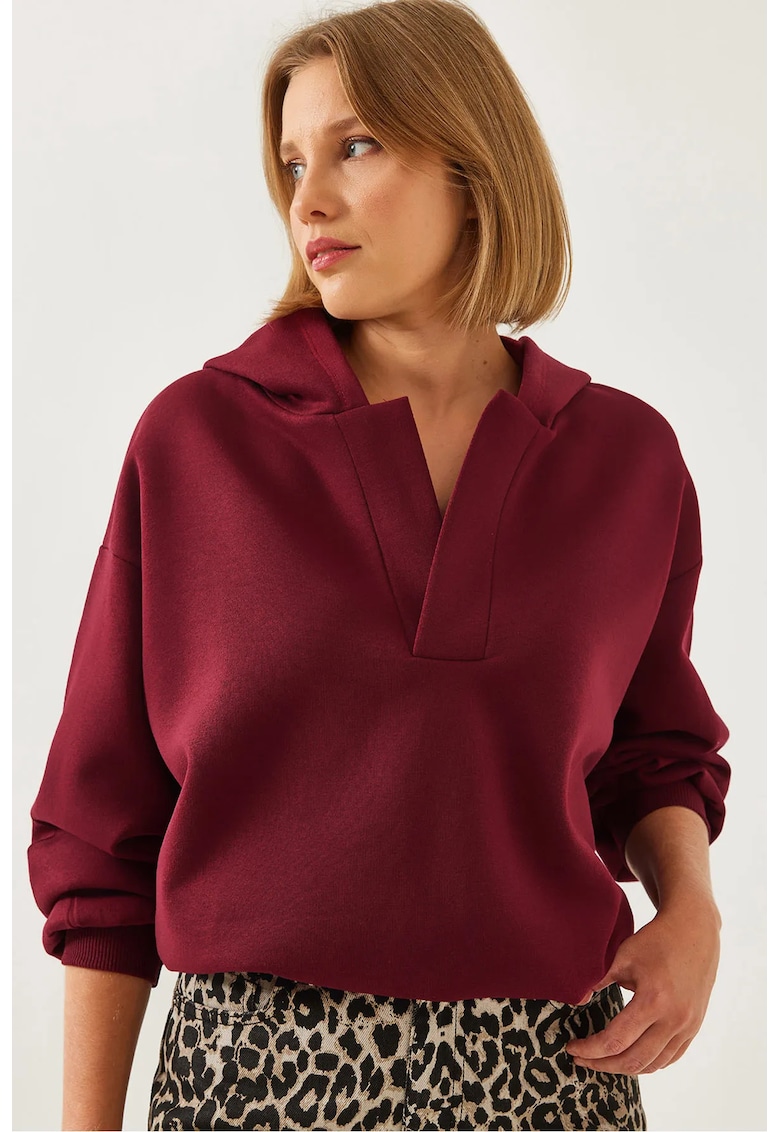 Hanorac dama rosu - poliester-bumbac - cu gluga si maneca lunga