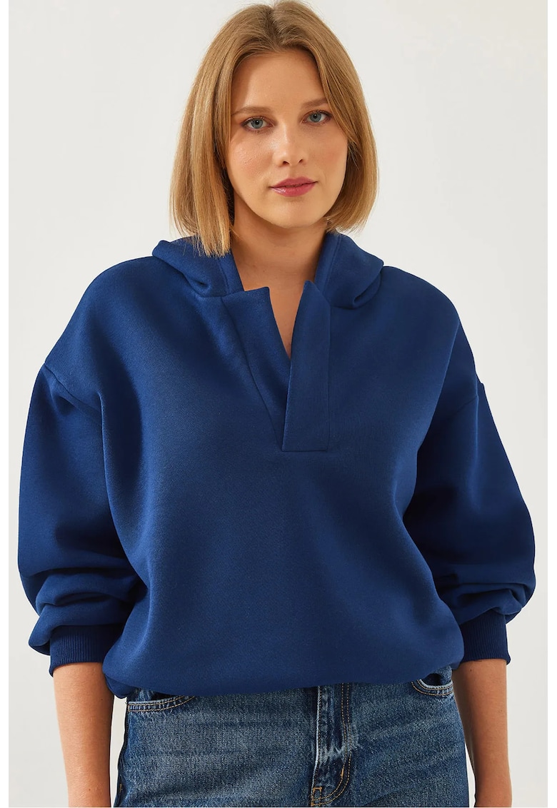 Hanorac dama albastru - poliester-bumbac - cu gluga si maneca lunga