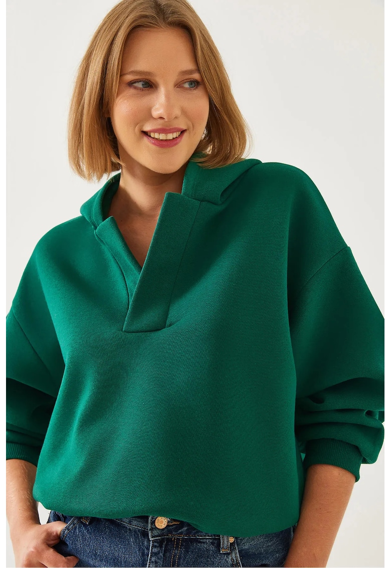 Hanorac dama verde - poliester-bumbac - cu gluga si maneca lunga