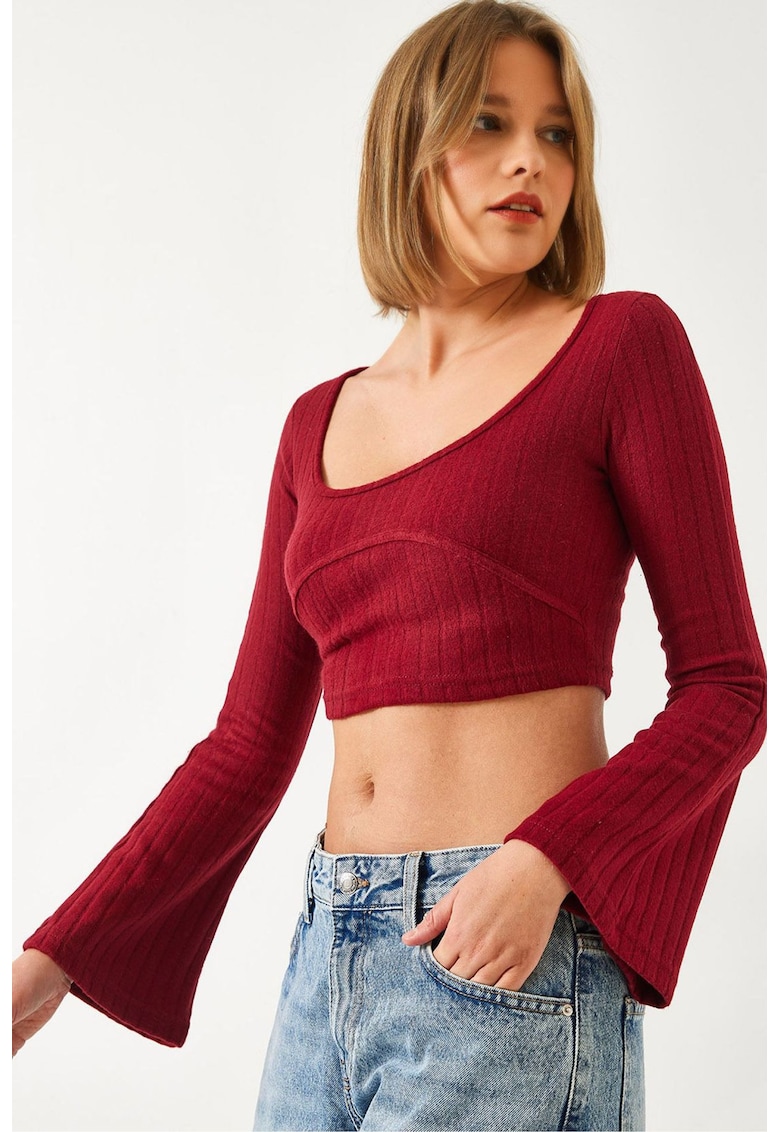 Bluza dama - top scurt texturat - guler rotund - maneca lunga - visiniu - jerseu