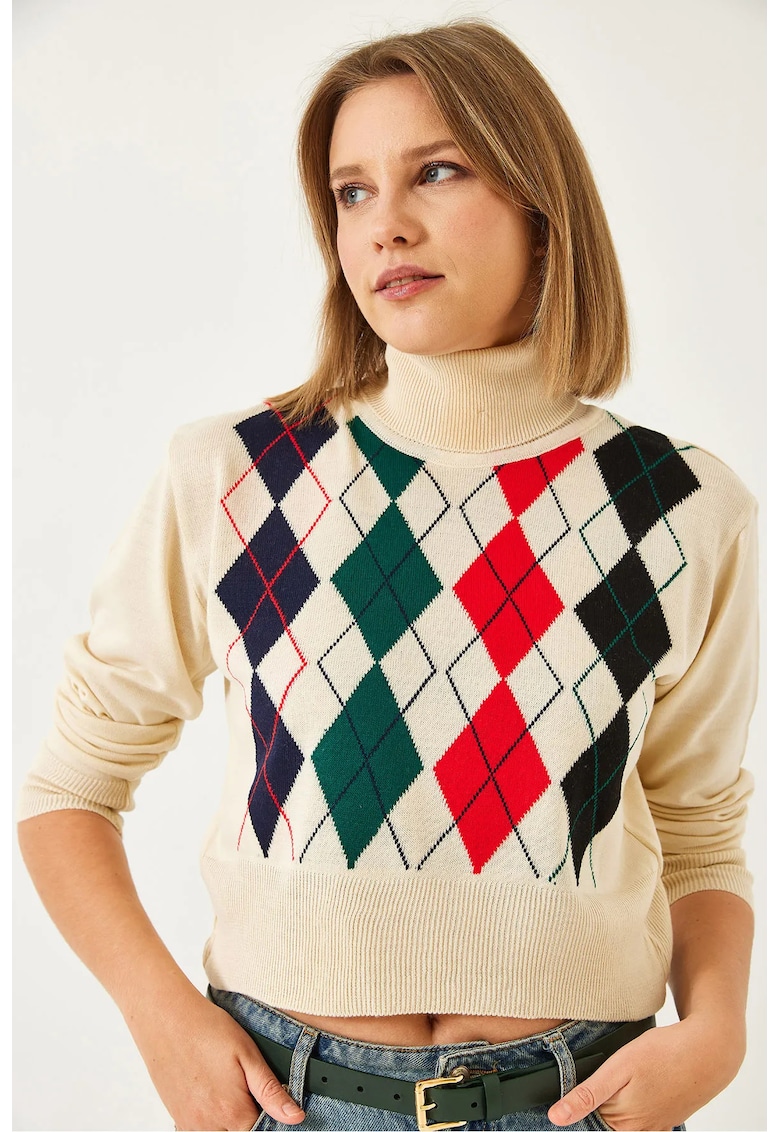 Pulovere dama - cu guler inalt - model geometric - acril - multicolor - Pulovere dama - cu guler inalt - model geometric - acril - multicolor -